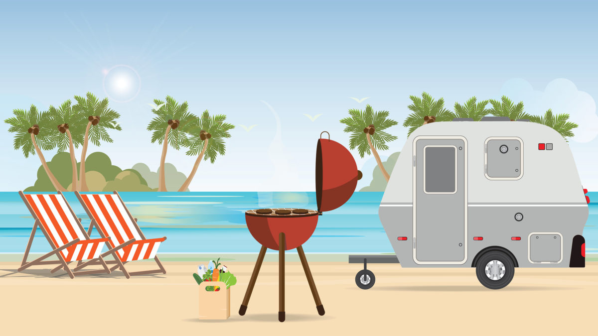 outdoor kochen illustration mit grill wohnmobil und sonnenliegen